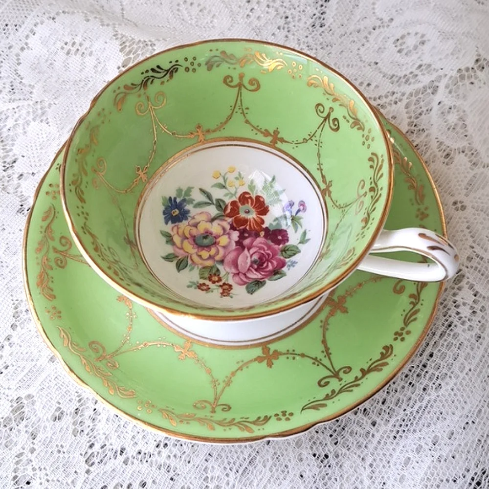 Vintage Grosvenor Jackson & Gosling Bone China Teacup Saucer Green Gold Floral